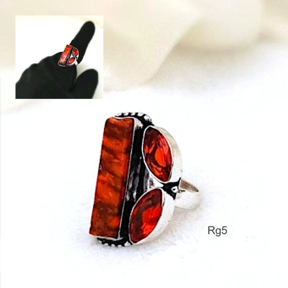 Red Gem Ring Natural Variscite+Garnet 925 Silver - Picture 1 of 12